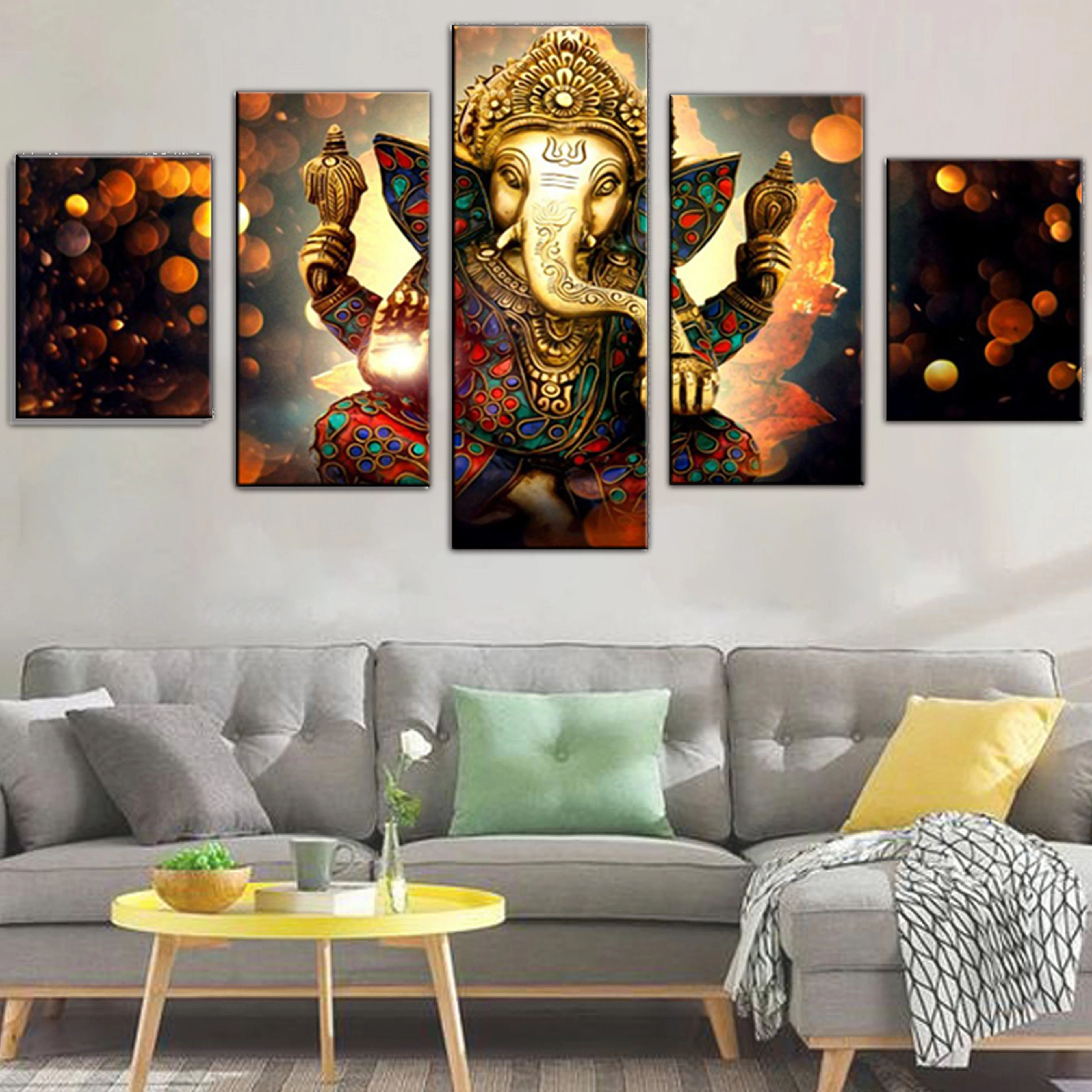 5 panel 3D Hindu Ganesh painting canvas wall art acrylic spray prints Elephant god picture factory custom artwork