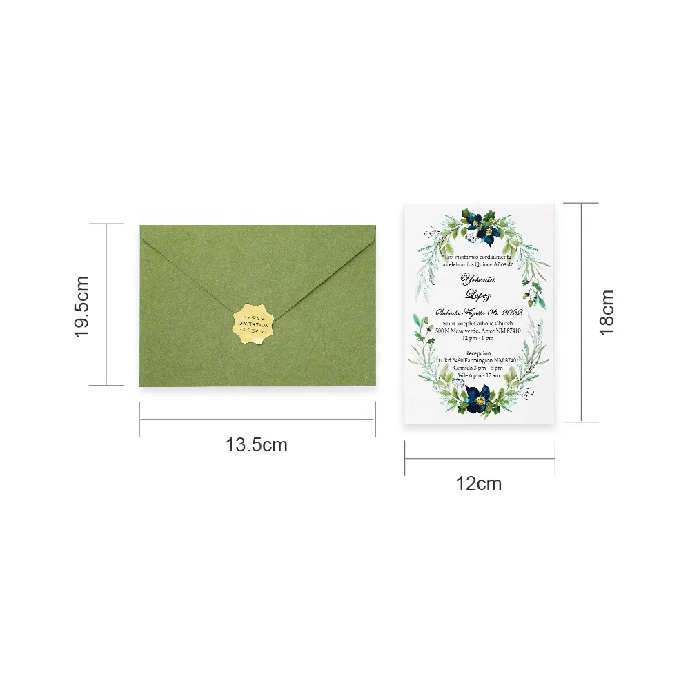 Customized Unique Cheap Laser Cut Green Paper Birthday Meeting Wedding Invitation Card with Cotton Envelope & Sticker
