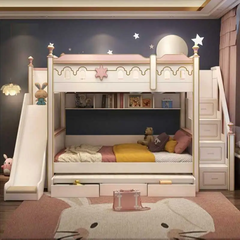 Modern White Wooden Princess Castle Girls Children Bed Home Furniture Bedroom Wood Luxury Double Kids Bunk Bed With Slide