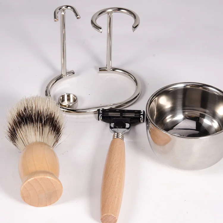 Роскошный мужской набор для бритья включает кисть для бритья барсука с ручкой из бичевого дерева Роскошная ручная безопасная бритвенная щетка и подставка для бритвы миска для мыла