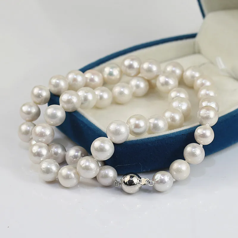 
natural nucleus pearl necklace 9-10mm round real 925 silver genuine jewelry pure fresh water freshwater cultured pearl necklace 