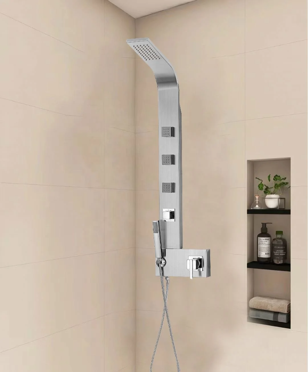 China Factory High Quality Anti Fingerprint Wire Drawing Rainshower Contains Four Thermostatic Shower Set Wall-Mounted System
