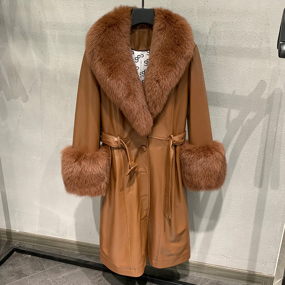 Windproof Genuine Leather Trench Coat Women Long Jacket With Fox Fur Collar