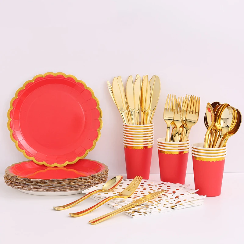 Popular Printed Color Gold Disposable Happy Birthday Party Paper Food Events Decoration Plates Dinnerware Supplies Kits