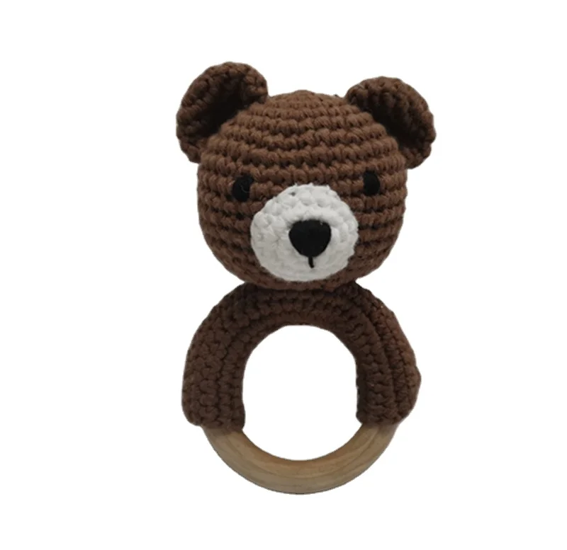 Wholesales Newborn Gift Eco-friendly Crochet Hand Knitted Cotton Yarn Baby Rattle Toys Crochet Bell Bear Rattles