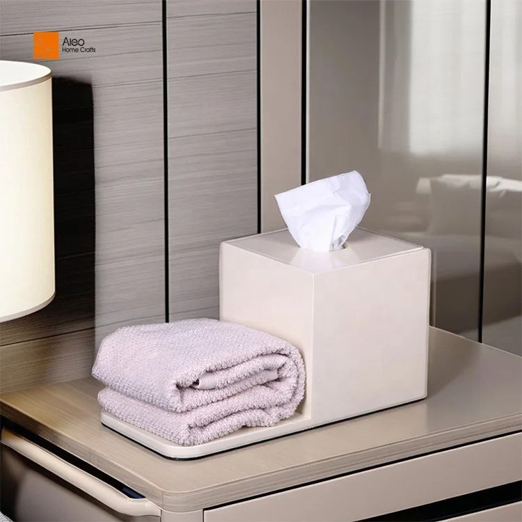 ALEO Custom Square Rectangular Polyresin Tissue Box Beige & Black Amenity Tray Living Room Office Hotel Bathroom Towel Storage