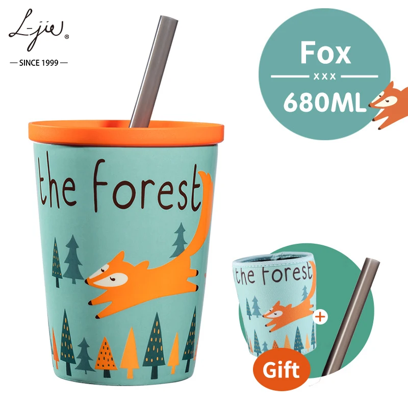 Wholesale Double Wall Drinking Cups Large Capacity Ceramic Travel Coffee Mug with Straw Lid and Spoon Packaging Boxes for kids