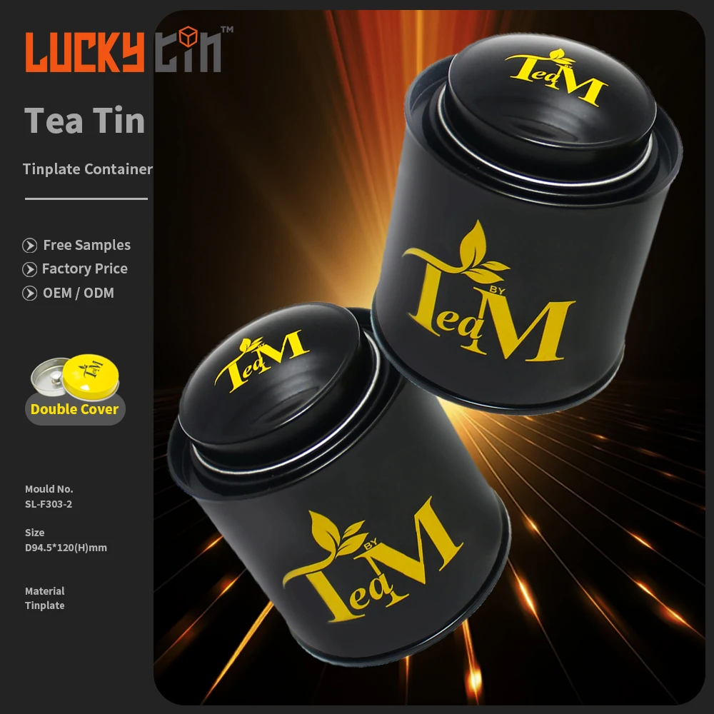 Factory Custom Tinplate Storage Container Round Shape Black Gift Metal Box/Can Big Double Lid Bulk Tea Tin Canister For Tea