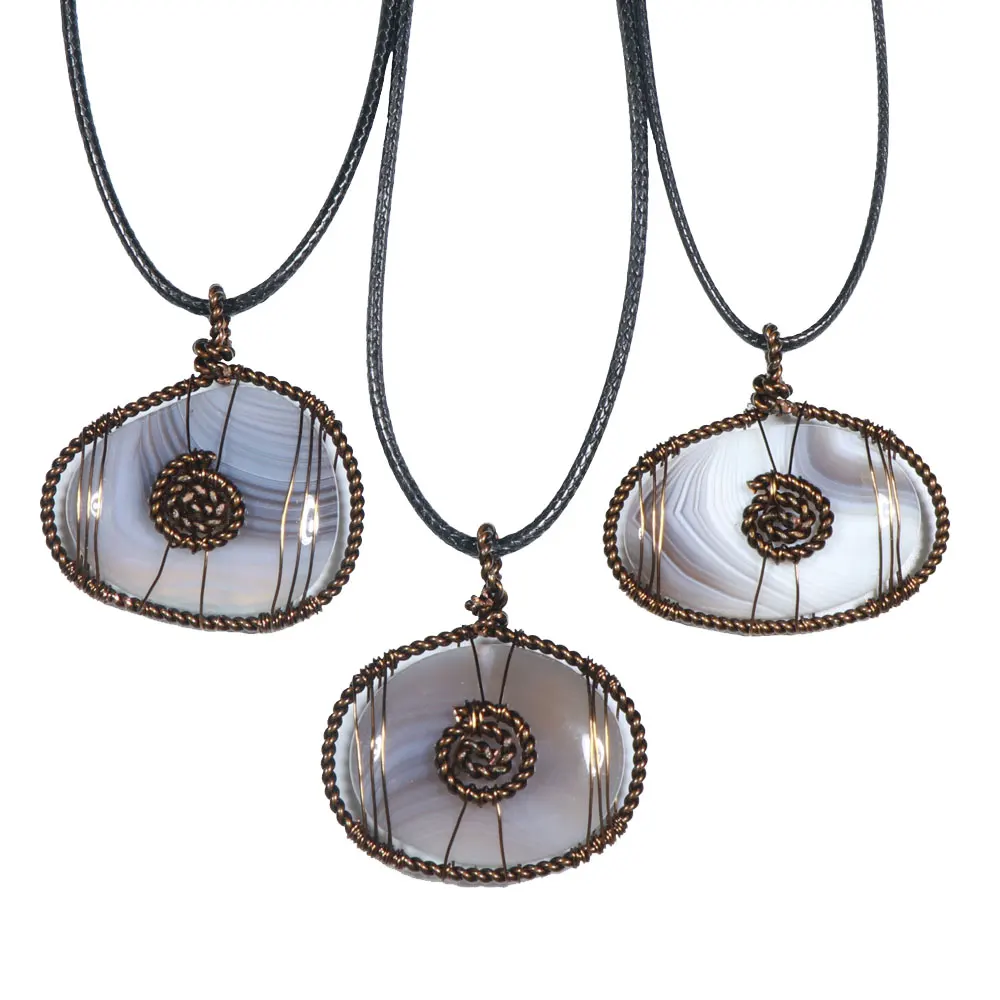 2022 New Arrivals Persian Agate Stone Necklace, Irregular Natural Botswana Agate Wire Wrapped Tumbled Stone Pendants Necklace