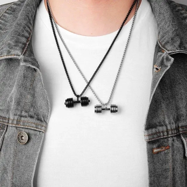 Mens Stainless Steel Barbell Gym Weight Lifting Dumbbell Necklace Pendant