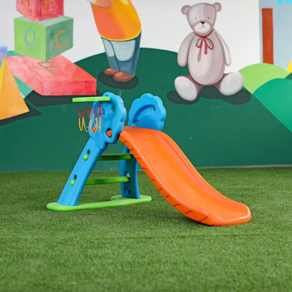 Simple Design Home Kindergarten Indoor Playground Plastic Fold Slide With Basketball Stand