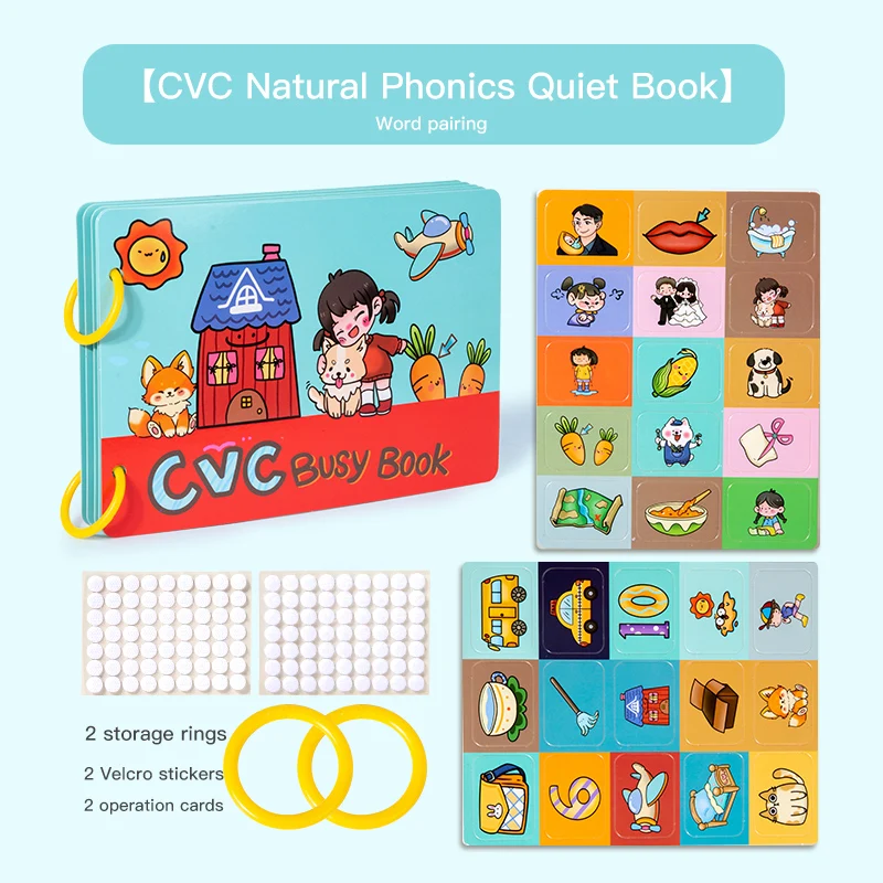 Kids Montessori funny quiet book baby magic reusable recognitive busy book word picture matching game preschool learn cvc words