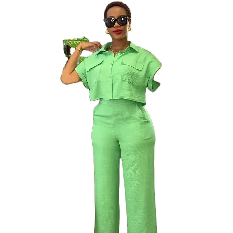 Button Design Plain Shirt Tops & Pants Set Women Summer Two Piece Sets Turn Down Collar Short Sleeved Shirt and Wide Leg Pants