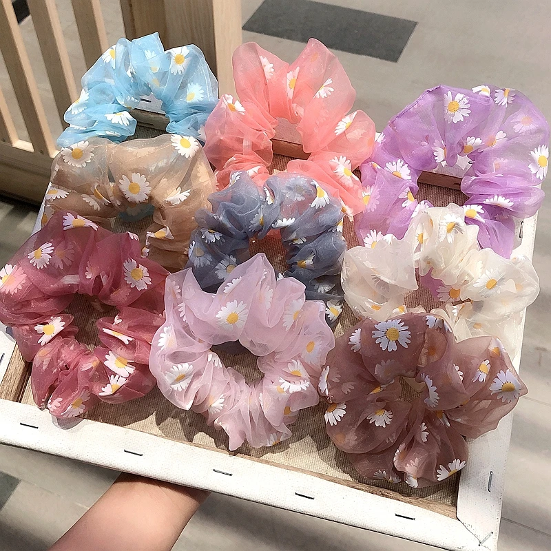 Hot Sell Ins Simple Style Floral Organza Hair Scrunchies Colorful Flower Elastic Hair Ties Rope Ponytail Holder For Women Girls