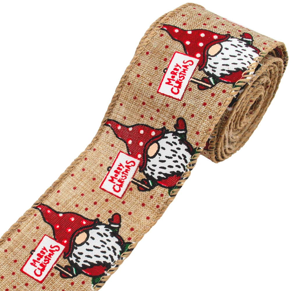 Gordon Ribbons Custom Burlap Ribbon Roll Natural Color For Crafts Wrapping Christmas Jute Ribbon Printed Snowman with Wired Edge