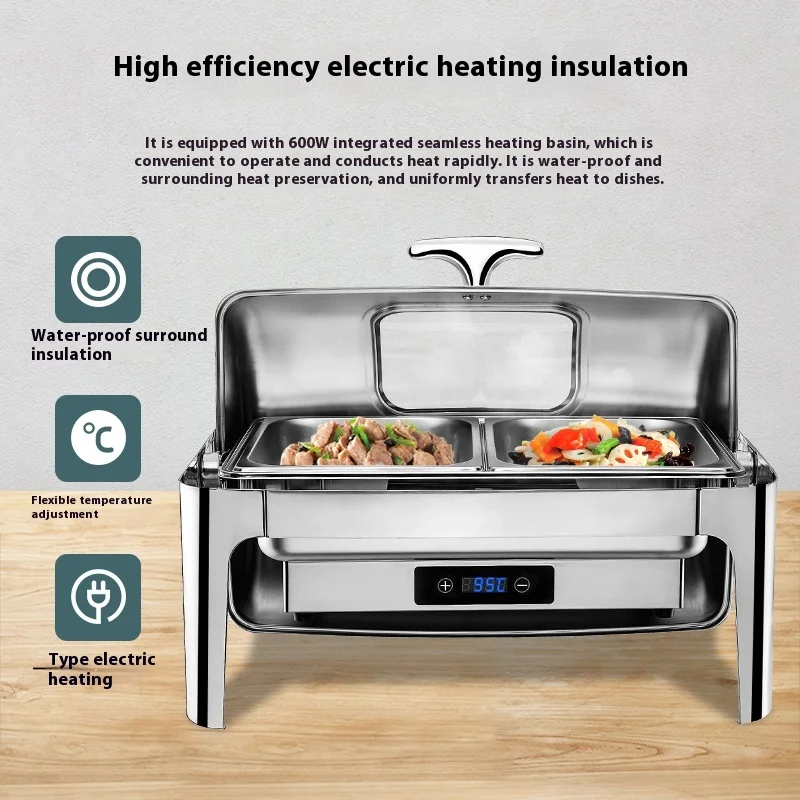Stainless Steel 9L 13L Buffet Stove Electric Heating Insulated Furnace Full Flip Breakfast Hotel Restaurant  rectangle Hot Pot
