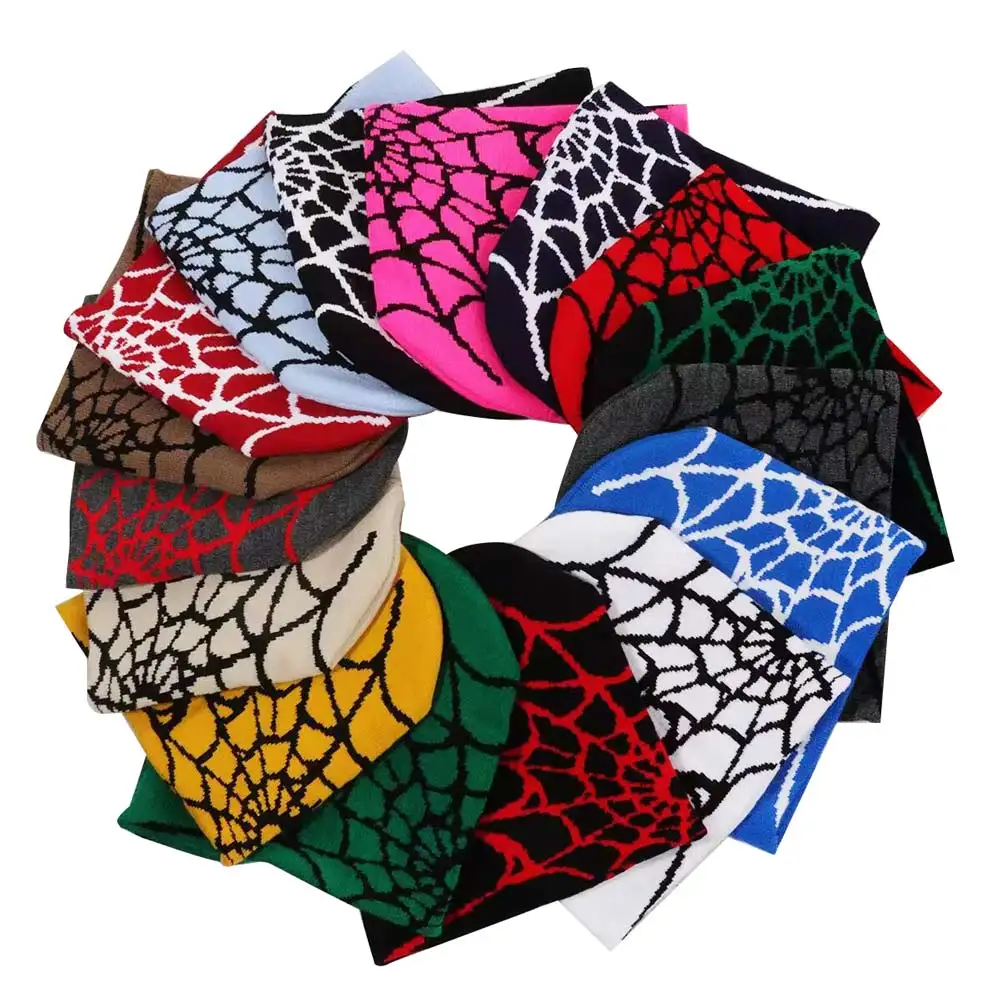 Low MOQ Custom Beanie Manufacturers All Over Print Jacquard Y2K Gothic No Cuff Fold Cuffless Winter Skull Cap Knit Hat With Logo