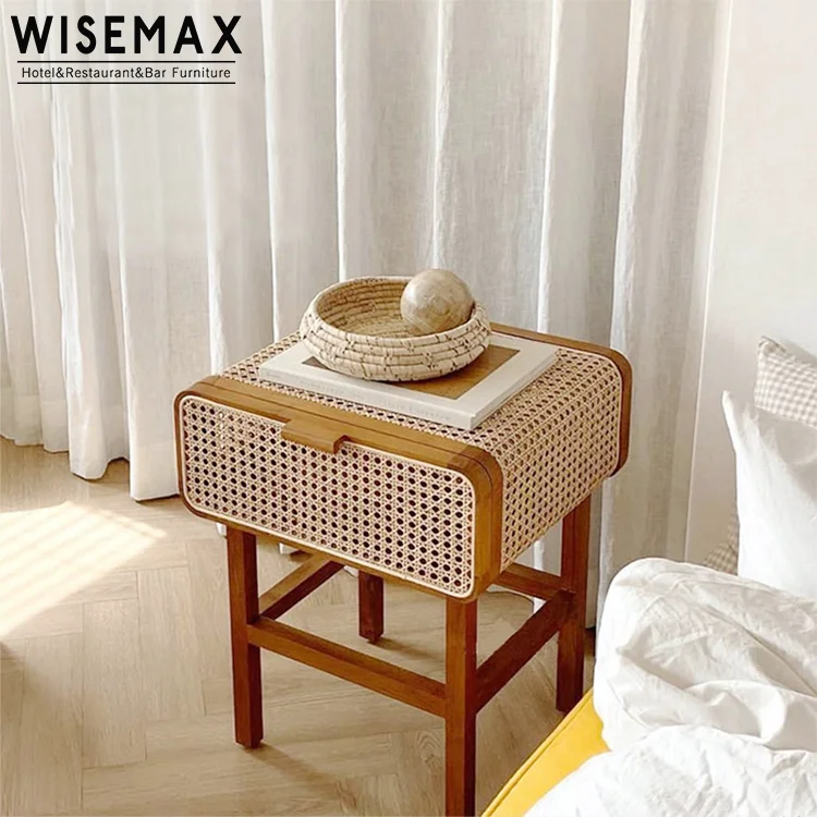 WISEMAX FURNITURE Wholesale Solid Wood Beside Table Rattan Side Coffee Table With Storage Night Stand For Bedroom