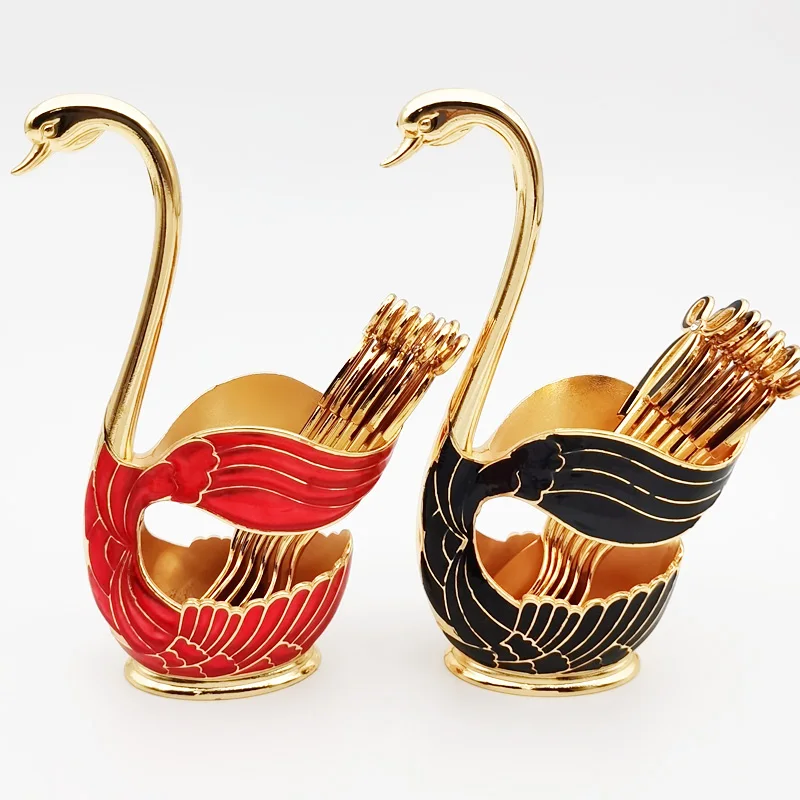 New Trend Gold Swan Shape Creative Fruit Fork Set Luxury Dessert Cake Fruit Fork Spoon Container Ceramic Storage Fork