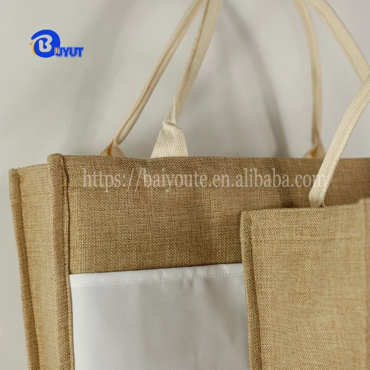 Sublimation logo Jute Foldable Reusable Tote Bag with Canvas Front Pocket Burlap Tote Bags with Handles blank Tote Bag