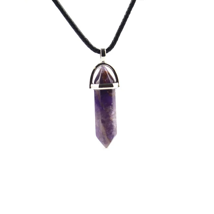 Natural Stone Hexagonal Column Pendant Bullet Necklace Tiger eye Rose quartz Crystal Amethyst Stone Necklace For Men And Women