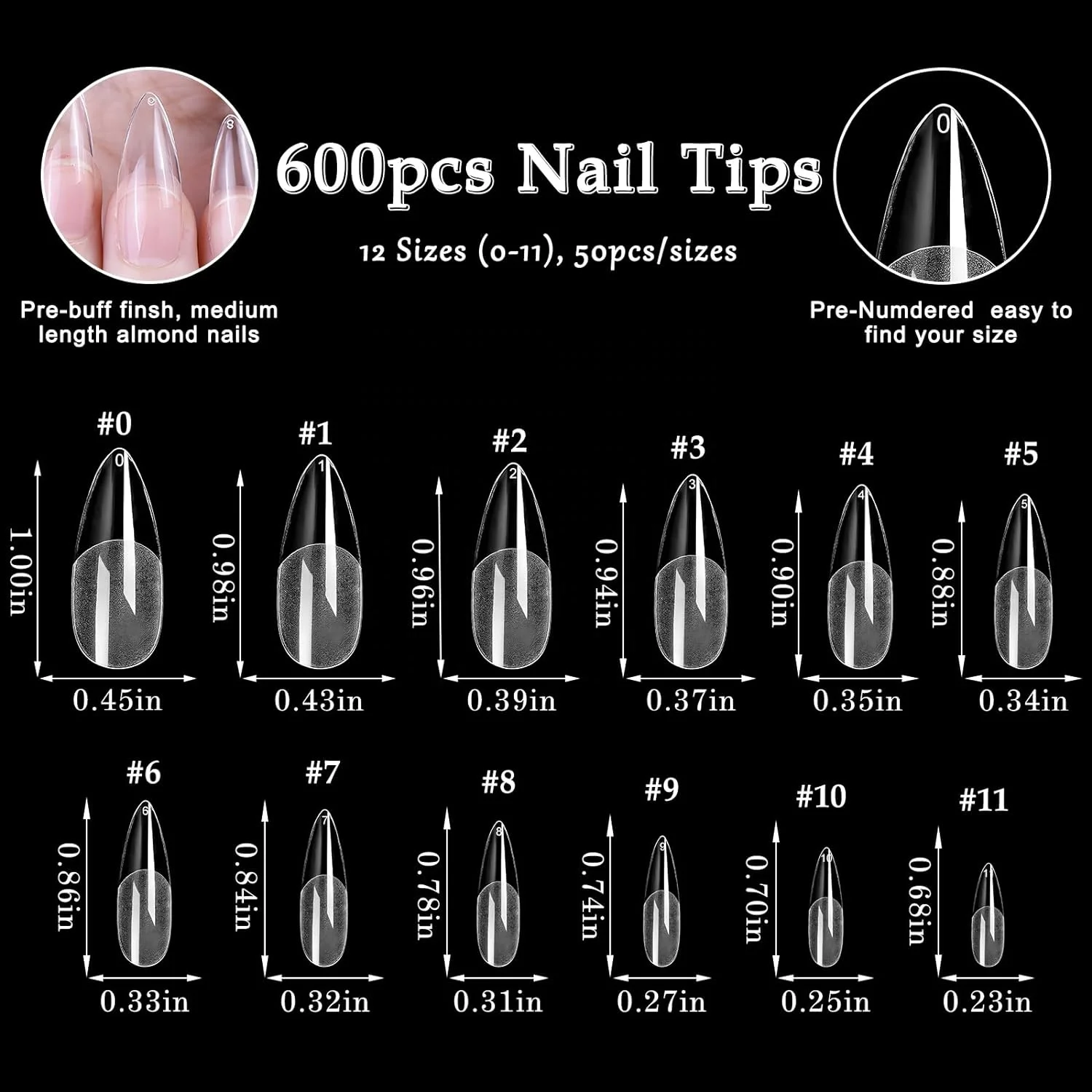 600pcs Almond Nail Tips, Medium Almond Gel X Nail Tips