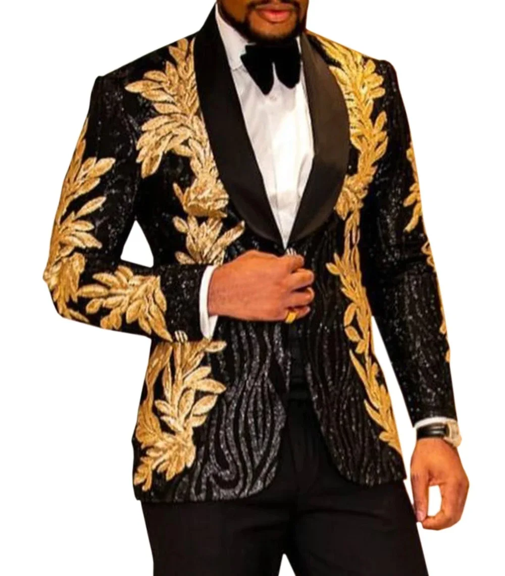 Men Suits 2 Pieces Embroidery Design Tuxedo Suit Mens s Slim Fit Sequin Set For Men Grooms Suits With Gold Applique