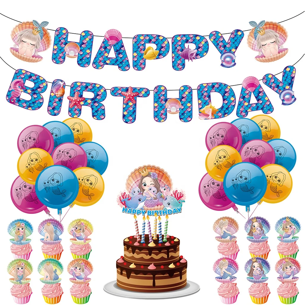 Cute Cartoon Mermaids Theme Birthday Banner Balloons Cake Topper Set  Latex Balloon Girl Birthday Party Decoration