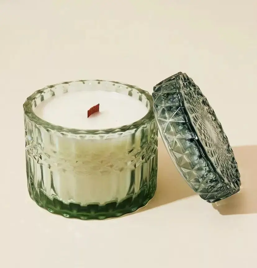Hot sale geo cut 250ml green transparent glass candle holder with matched glass bottle in bulk