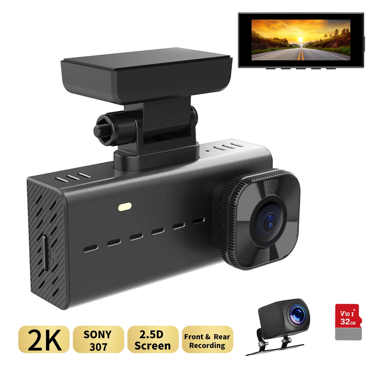 
2K dash cam, front and rear cameras, Sony 307 CMOS sensor, 32 GB SD card, 2.5D 3.14 inch IPS monitor, G sensor 