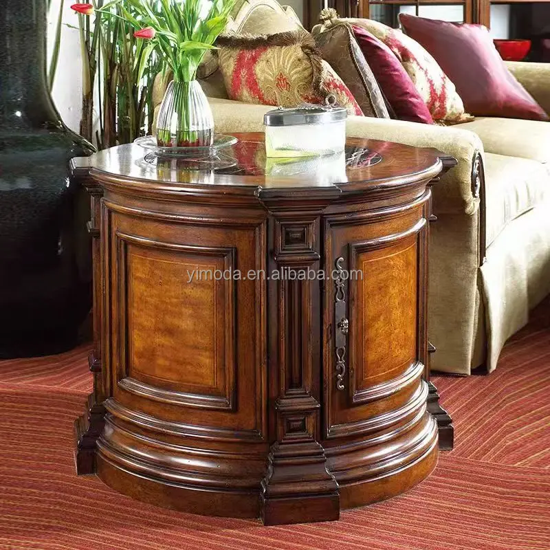 Antique classical Living Room brown wooden carved Small round Wood side end table