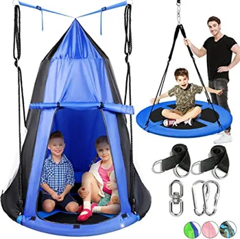 Outdoor and Indoor Kids Adjustable Height Hanging Play Round Swing with Tent