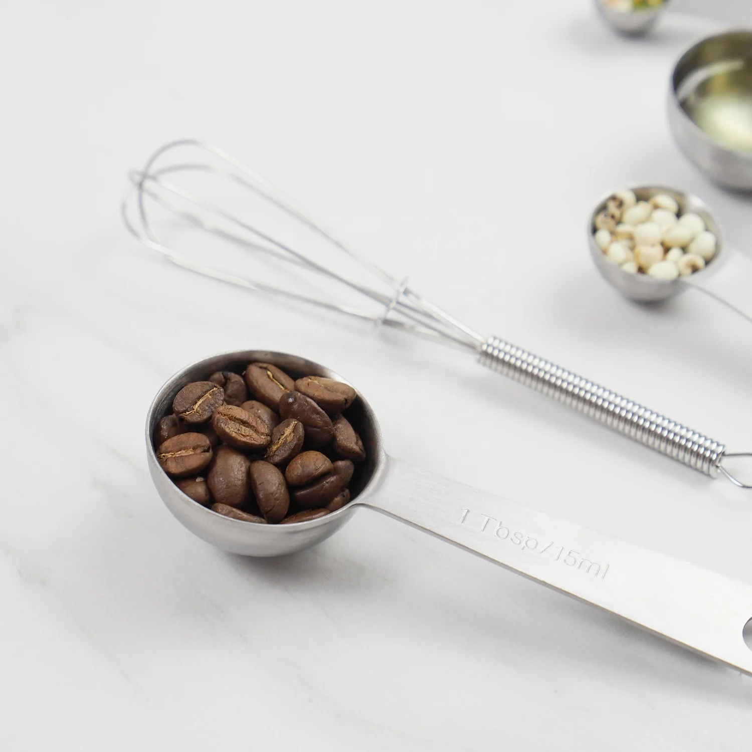 Nesting set of 8 Stainless Steel Measuring Spoons with Egg Whisk and Measuring Ruler Scrape