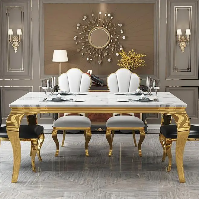 Foshan Winstar Furniture Wholesale Customizable High Gloss Stainless Steel Luxury Golden Dining Table Set Marble Dining Table