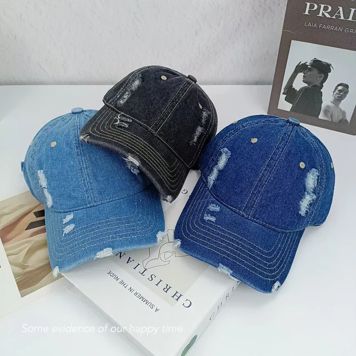 Custom Embroidered Washed Denim Jean Distressed Made Worn Out Baseball Cap Hat
