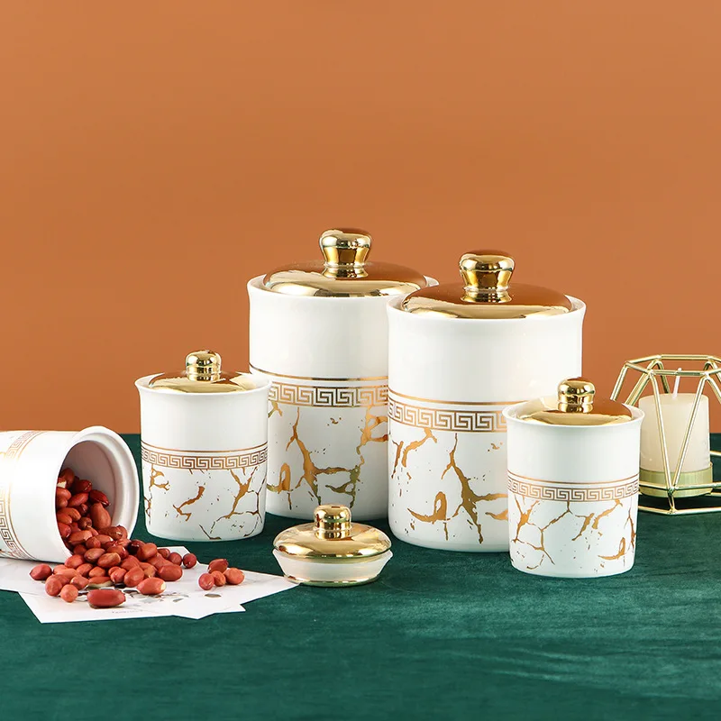 Kitchen Sealed Jar Set Food Container with Shelf Ceramic New Marbled Black Gold and White Gold Multifunction Kitchen Storage