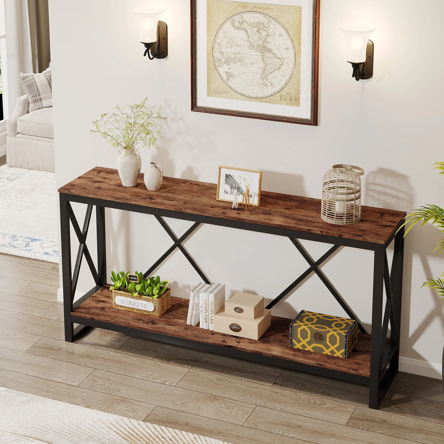 Tribesigns Industrial Long and Narrow Console Table with 2 Open Display and Storage Shelves for Living Room Furniture
