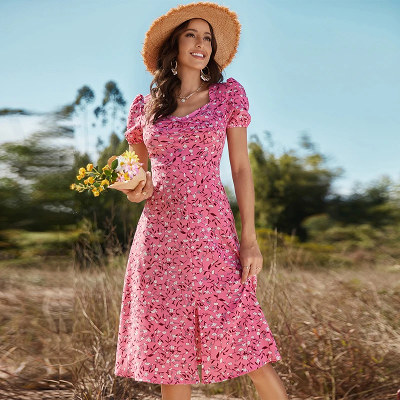 2022 fashion Floral print ladies midi dress short sleeve Korea style polyester Summer girl casual maxi dresses