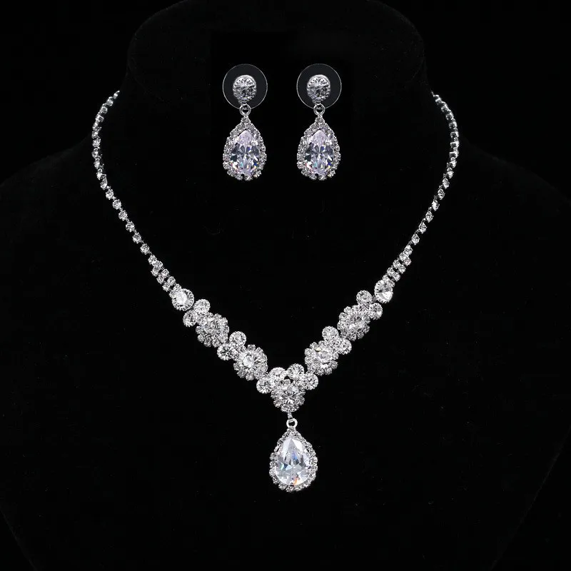 DAIHE Water Drop White Gold Round large crystal Stone Chain fine Jewelry 2pc earring set