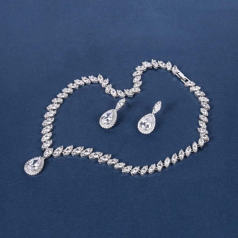 Высококачественный Стильный Европейский Медный Серебряный циркон Свадебный кулон ожерелье серьги комплект ювелирных изделий