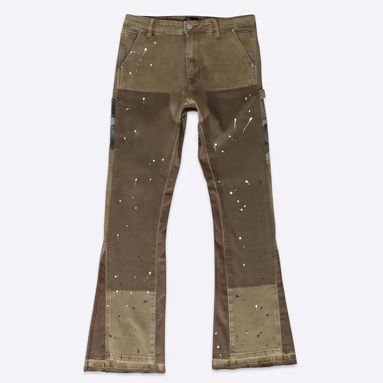 huili factory manufacture casual utility baggy cargo carpenter jeans men custom contrast color cut edge paint splash flare jeans