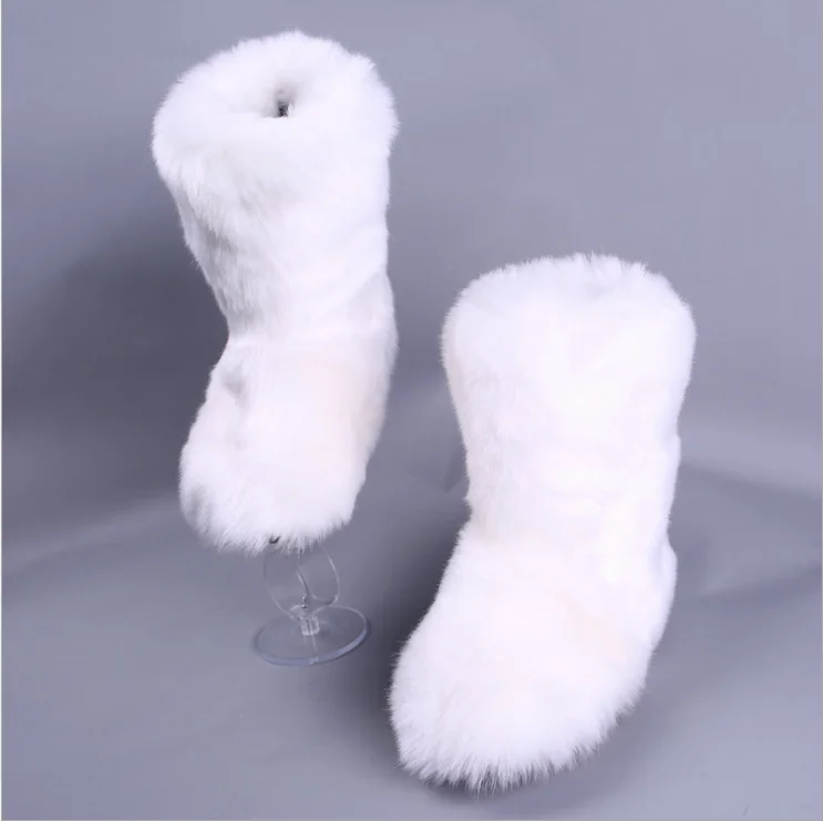 wholesale women real faux fluffy fur boots set  ladies high winter warm furry snow boots with matching purse and headband