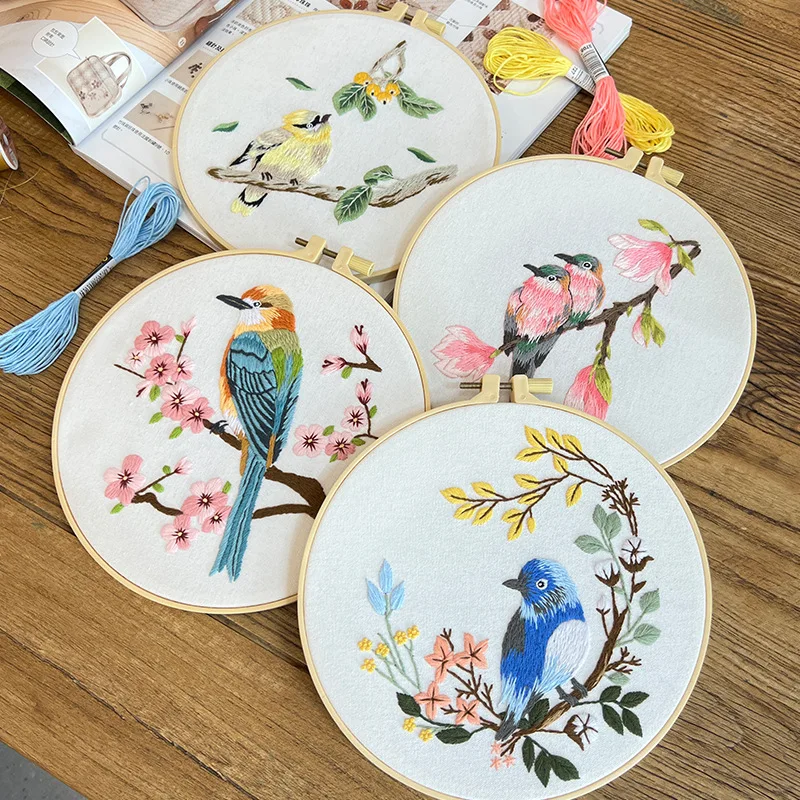 1 Sets Embroidery Kit for Beginners, Hummingbird and Flower DIY Materials, Art Craft Handy Sewing