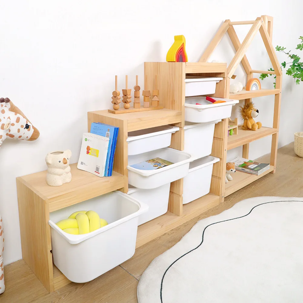 Children Bookshelf Simple Multilayer House-shape Floor Standing Shelving Study Bookcase Toy Storage Rack Cabinet Wood Modern