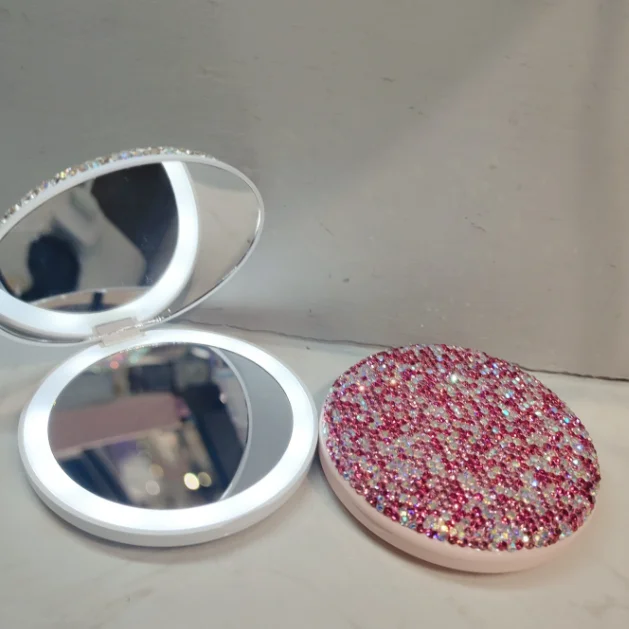 bling luxury diamond round LED rechargeable cosmetic compact pocket makeup mirror