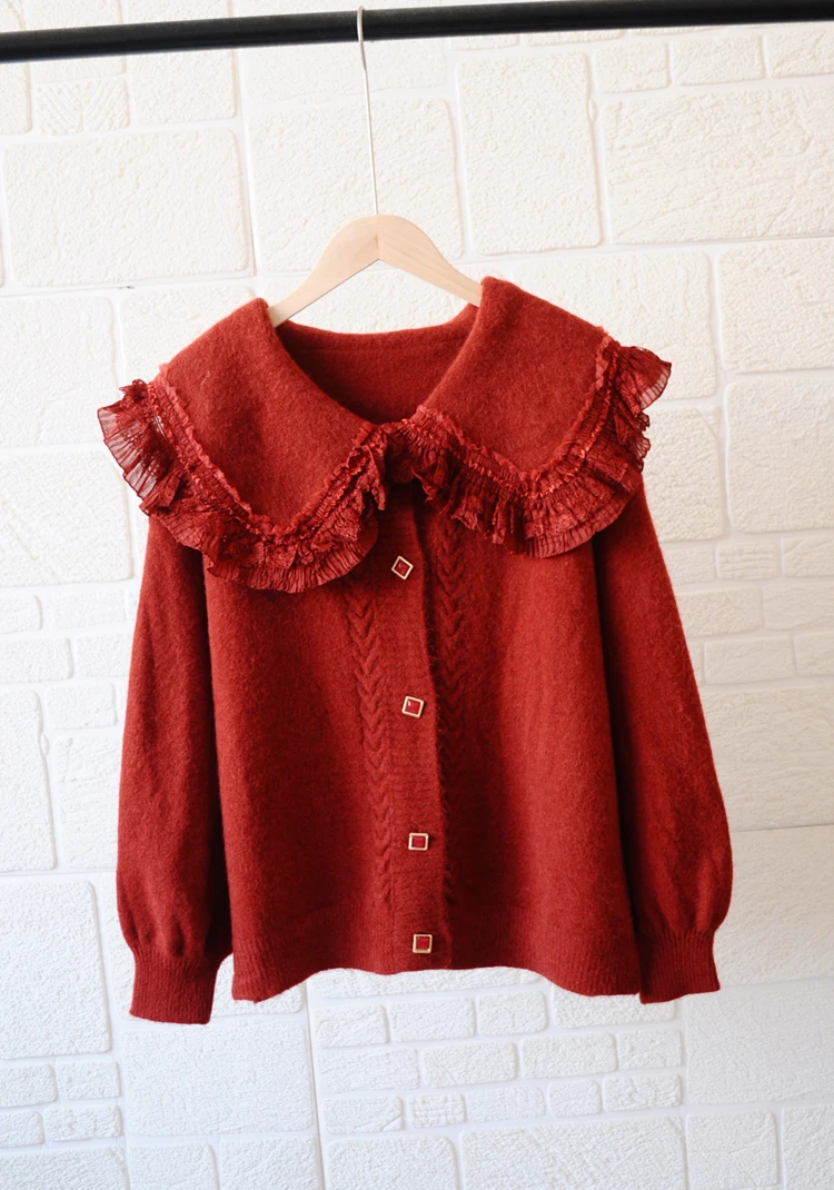 New design women ruffle  knitted cardigan lantern sleeve sweater cardigan