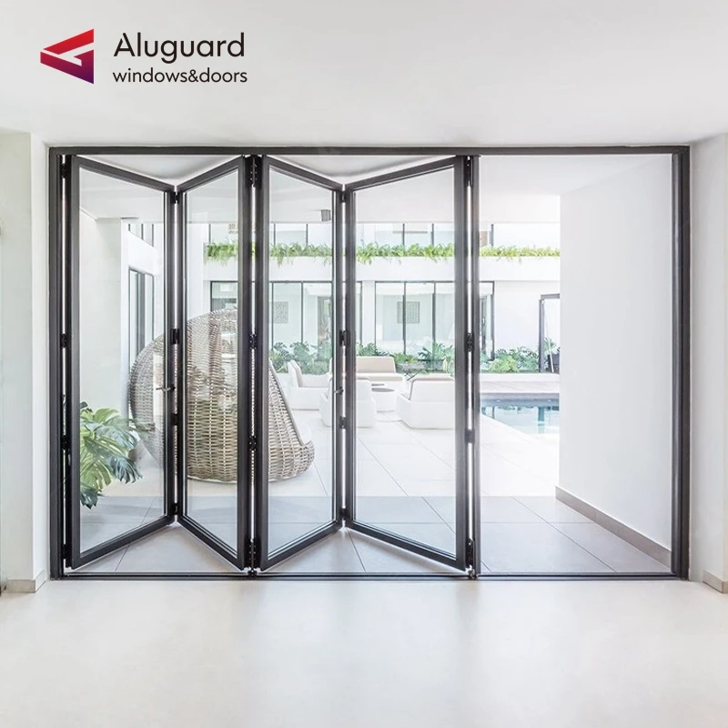 Внешние двойные звукоустойчивые складные двери nfrc двустворчатые алюминиевые бескаркасные стеклянные с двойным остеклением