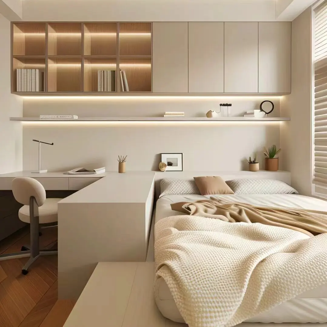 Modern Minimalist All-in-One Unit with Integrated Cabinet Tatami Bed Wardrobe Desk Home School Gym Villa-Comfortable Bedroom Set