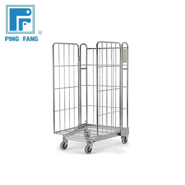 laundry used metal galvanized roll cage Warehouse Mobile Zinc Plated Folding Nesting Metal Storage Security Rolling Cage Cart
