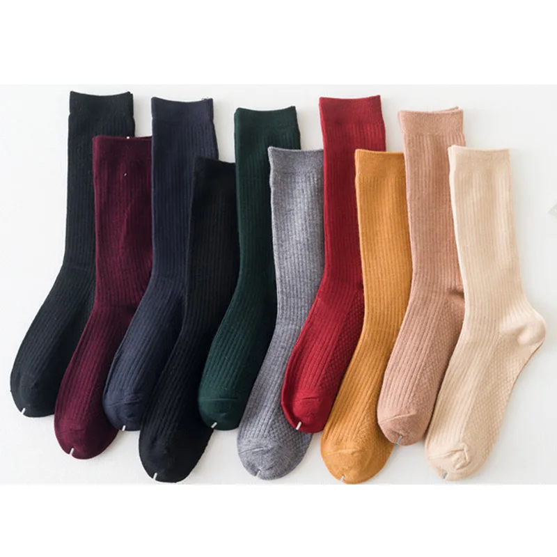 Winter warm soft plain color rib crew cozy cashmere socks knitted 100% wool yiwu socks women